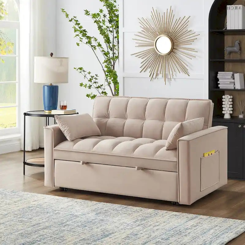 Sofá-cama de 2 lugares 4 em 1 com braços e bolsos de arrumação, sofá-cama extraível multifunções com encosto ajustável