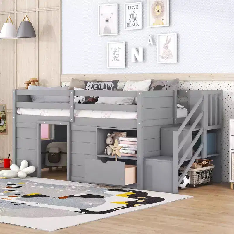 Letto rialzato basso singolo in legno massello da 94,6 L x 42,3 L, con scala, cassetto e ripiano, design moderno e pulito