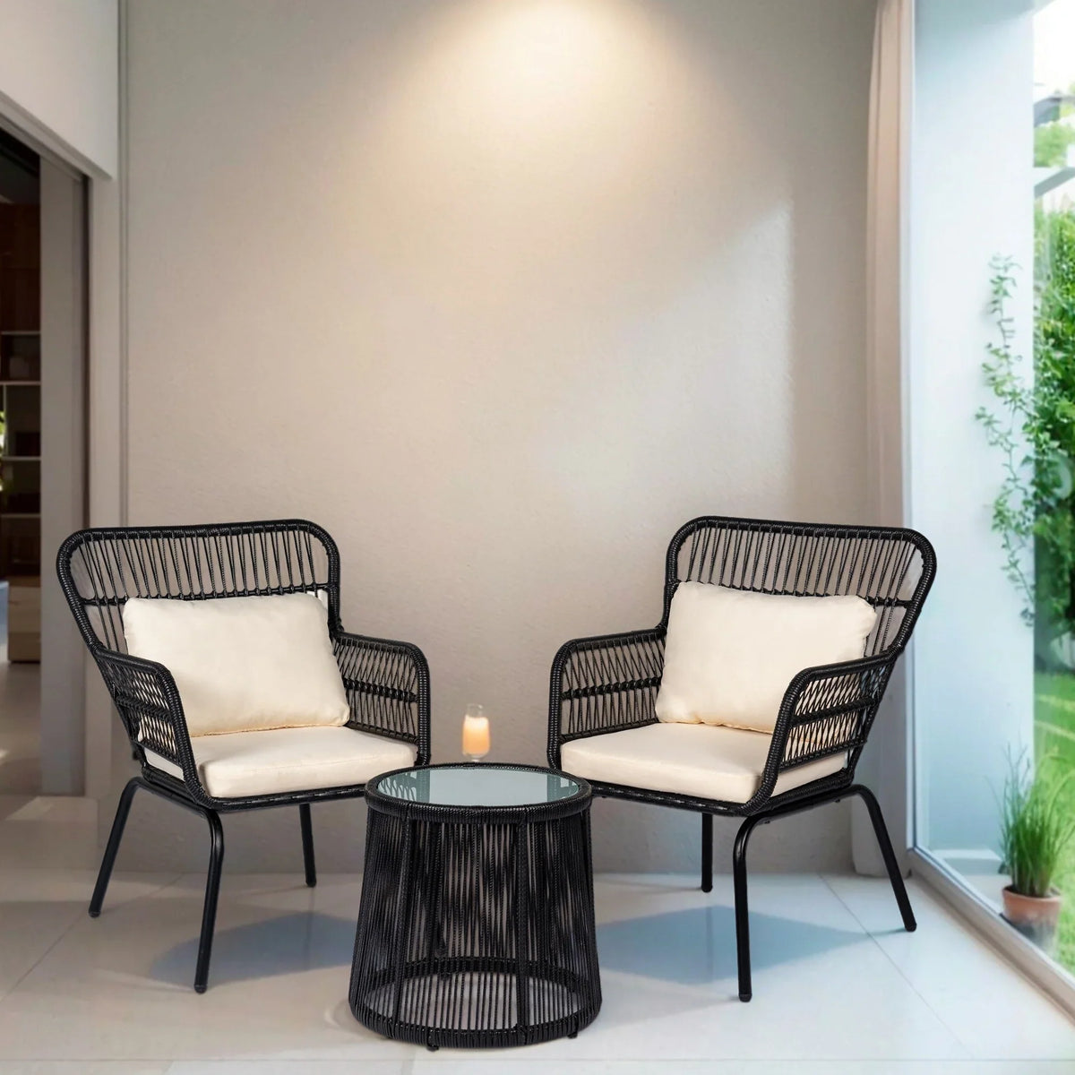 Ensemble bistro de conversation extérieur en osier de 3 pièces, mobilier de patio en rotin toutes saisons avec coussins
