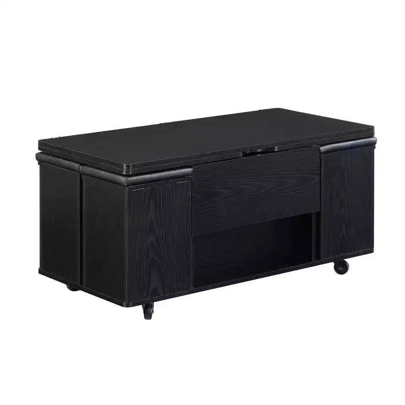 Mesa de centro moderna multifunções com tampo elevável, arrumação oculta, 4 bancos e rodízios, perfeita para espaços de estar modernos
