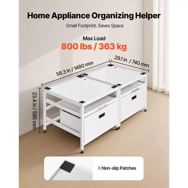 Socle pour lave-linge et sèche-linge VEVOR, hauteur de 22,6 po, 29 x 29 po, avec plateau coulissant et espace de rangement, capacité de charge de 800 lb, antidérapant, blanc
