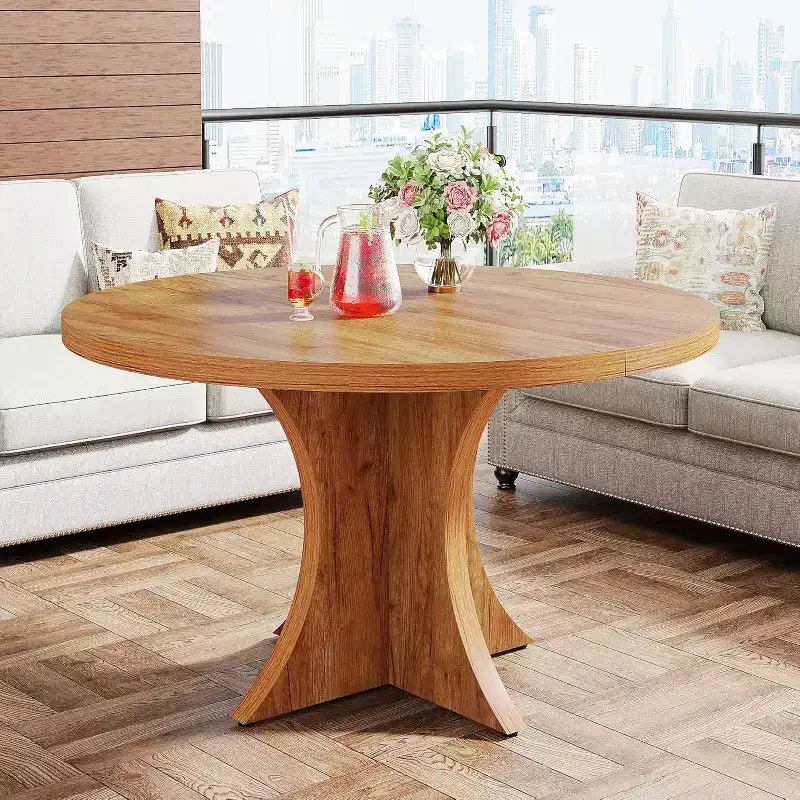 Mesa de jantar redonda Lantine de 47.24 polegadas para 4-6 pessoas, mesa de cozinha estilo quinta com base de pedestal, mesa de jantar pequena para sala de jantar ou sala de estar, castanha