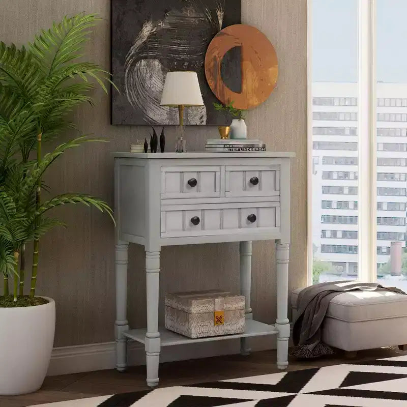 Console étroite de 60,2 cm avec 3 tiroirs et étagère, table de canapé pour petit espace, entrée ou salon