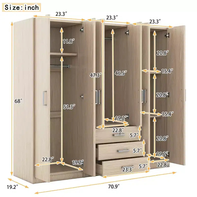 Roupeiro de madeira com 6 portas e gavetas para quarto
