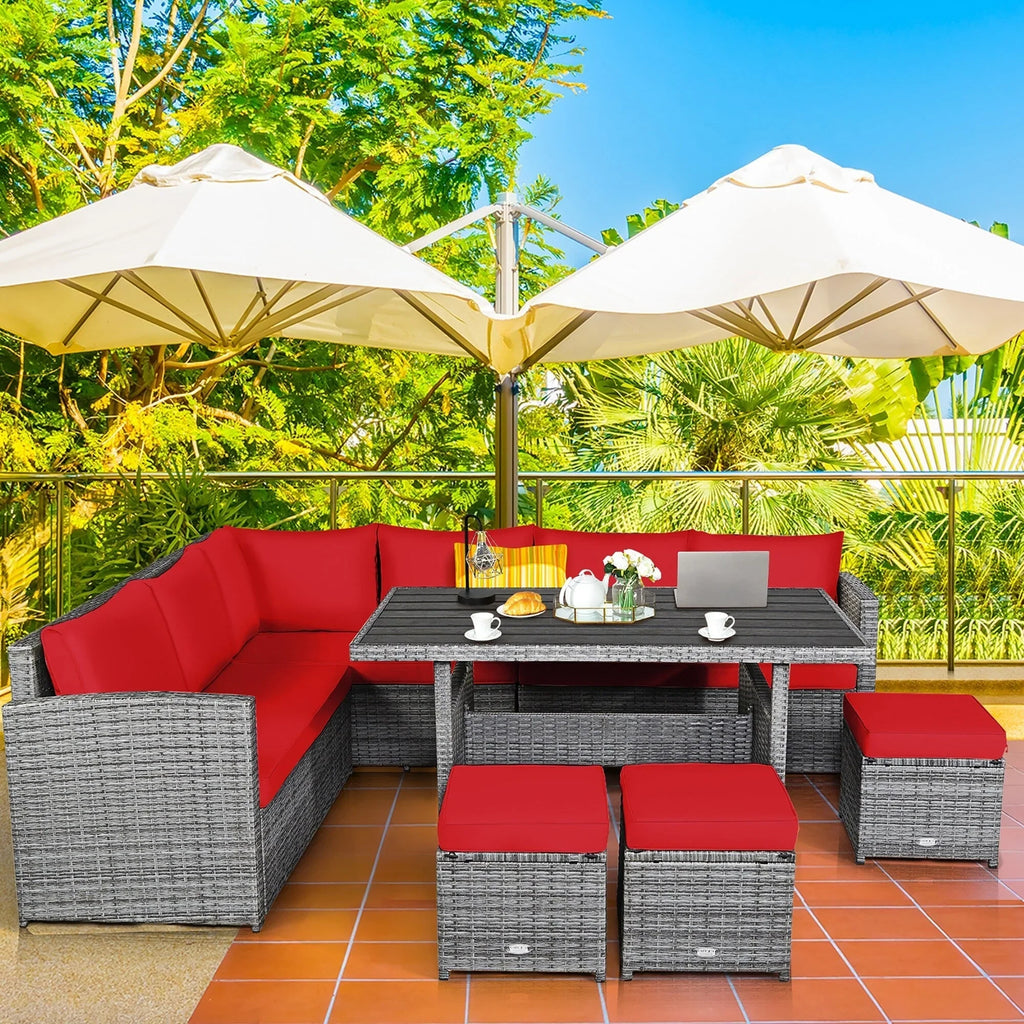 Costway 7-teiliges Dining-Set aus Polyrattan für die Terrasse mit Ecksofa, Couch und Hocker – Details anzeigen