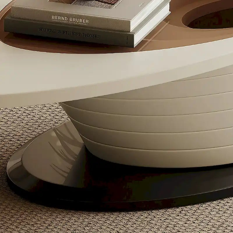Moderner minimalistischer Couchtisch mit ovaler Glasplatte und hellgrauem Untergestell - L 51.18'W 25.59'H 14.37'