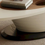 Moderner minimalistischer Couchtisch mit ovaler Glasplatte und hellgrauem Untergestell - L 51.18'W 25.59'H 14.37'