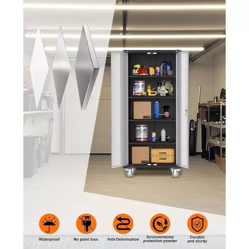Armoire de rangement de garage à roulettes avec panneau perforé, armoire métallique verrouillable de 72 pouces de hauteur avec 2 portes et 4 étagères réglables pour atelier de garage