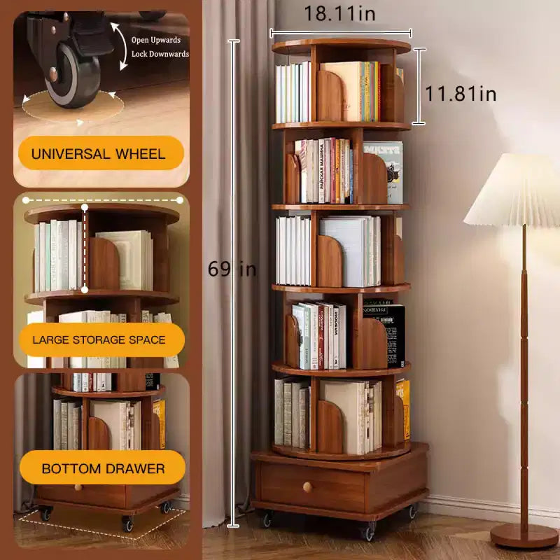 Chic Crate schmales Eckbücherregal mit 6 Ebenen, 360° drehbar und mit Rollen, für kleine Räume, Walnussbraun