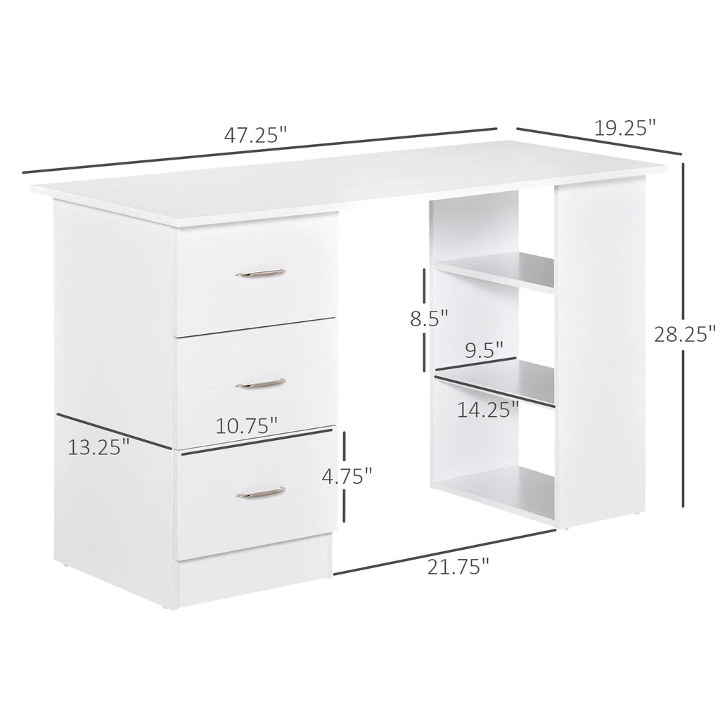 HOMCOM 47 modern thuiskantoorbureau met boekenkast, schrijftafel en werkplek, met 3 laden en opbergplank - wit