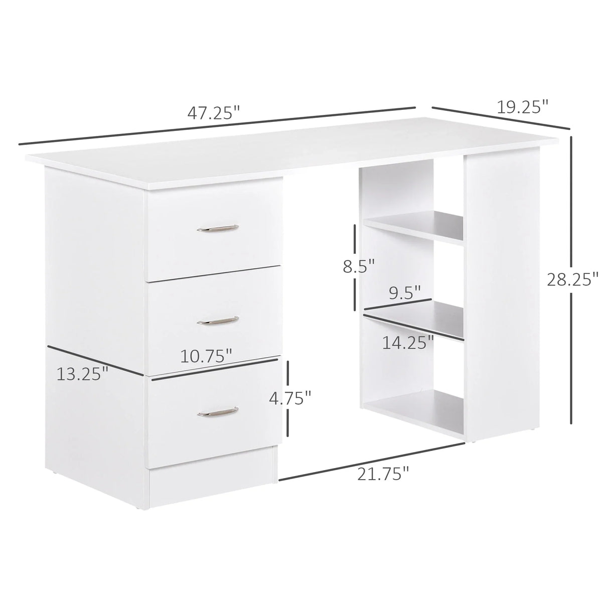 HOMCOM 47 modern thuiskantoorbureau met boekenkast, schrijftafel en werkplek, met 3 laden en opbergplank - wit