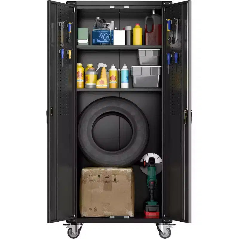 Armoire de rangement de garage à roulettes avec panneau perforé, armoire métallique verrouillable de 72 pouces de hauteur avec 2 portes et 4 étagères réglables pour atelier de garage