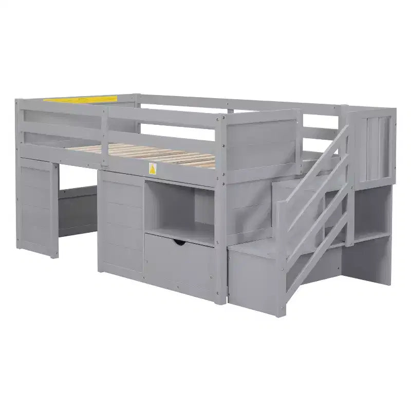Letto rialzato basso singolo in legno massello da 94,6 L x 42,3 L, con scala, cassetto e ripiano, design moderno e pulito
