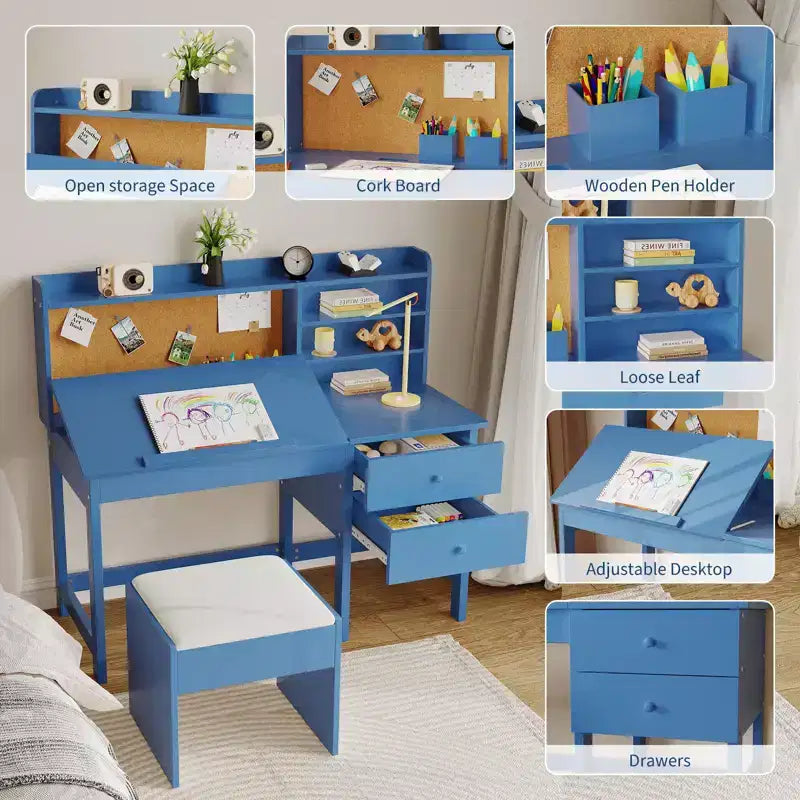Ensemble bureau et chaise pour enfants, table d’étude en bois avec plateau inclinable réglable, tiroirs et tableau en liège – ensemble bureau d’apprentissage scolaire pour enfants