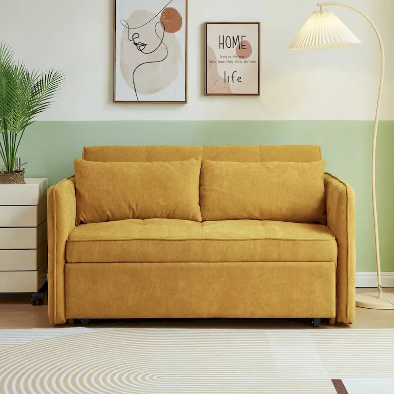 Rozkładana sofa z funkcją spania, tapicerowana żółtą tkaniną szenilową – 39.00 x 53.50 x 31.50