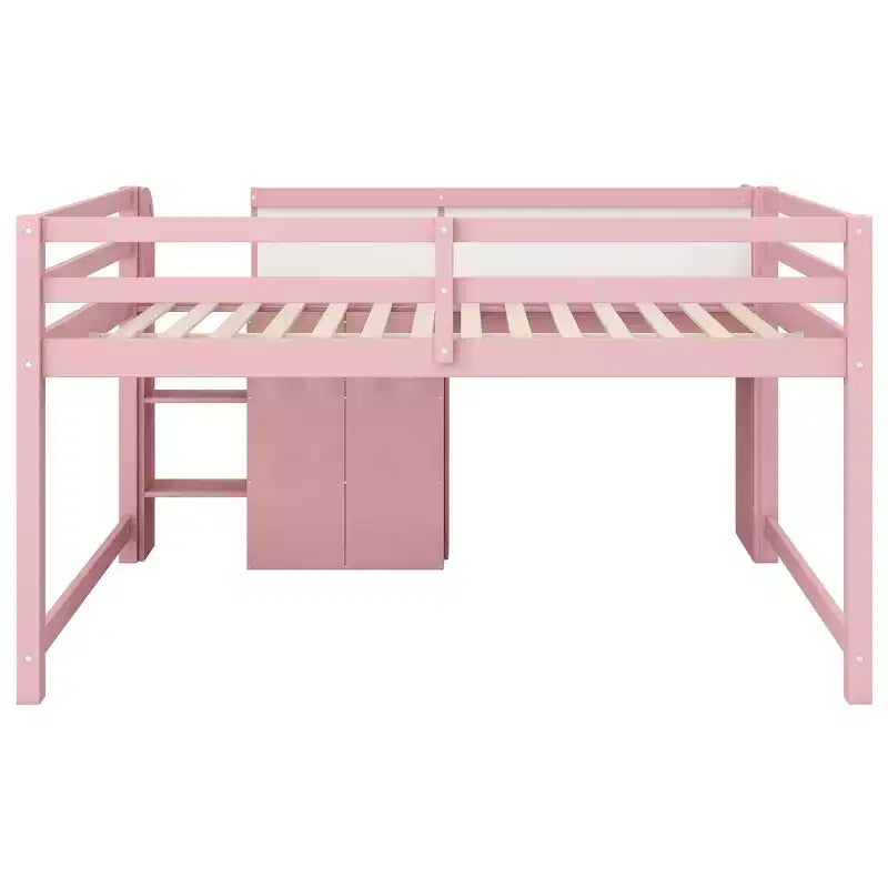 Letto rialzato basso rosa/bianco con scrivania, spazio contenitore e lavagna bianca -C singolo, 1 persona