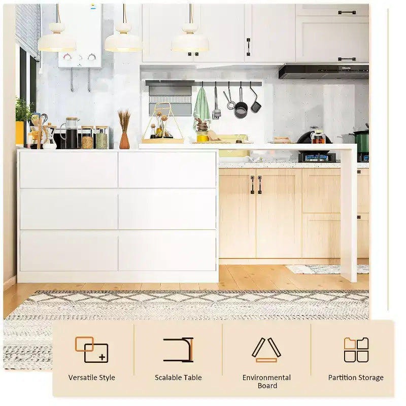 Drehbares/ausziehbares Smart-Buffet-Sideboard mit 6 Schubladen, verlängerter Tischplatte, rutschfester Matte, drehbarem Esstisch und Kücheninsel-Speisekammer