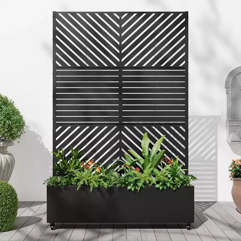 MAYEERTY truhlík s mříží, železo, černý, paralelní linie 01, lamelový klasický kombinovaný styl, 72x47x16in, sada 3 kusů