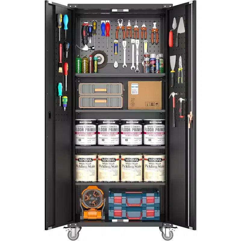 Armoire de rangement de garage à roulettes avec panneau perforé, armoire métallique verrouillable de 72 pouces de hauteur avec 2 portes et 4 étagères réglables pour atelier de garage