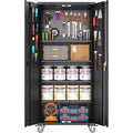 Armoire de rangement de garage à roulettes avec panneau perforé, armoire métallique verrouillable de 72 pouces de hauteur avec 2 portes et 4 étagères réglables pour atelier de garage