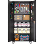 Armoire de rangement de garage à roulettes avec panneau perforé, armoire métallique verrouillable de 72 pouces de hauteur avec 2 portes et 4 étagères réglables pour atelier de garage