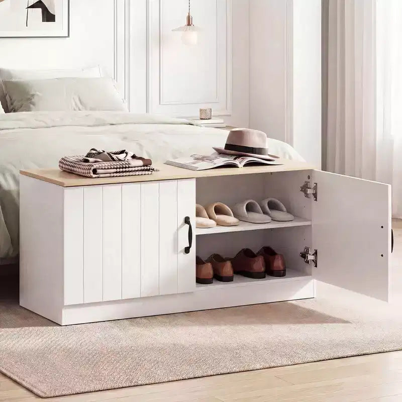 Banc à chaussures à 2 portes avec étagères réglables et espace de rangement dissimulé, naturel + blanc/Whi5te