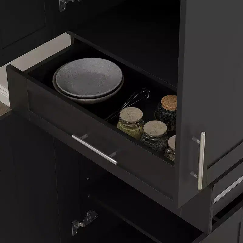 Despenseiro de cozinha moderno, armário independente com portas e gaveta, prateleiras ajustáveis