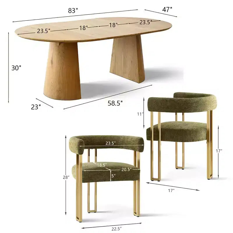 Conjunto de mesa de jantar extensível de redonda para oval com 4 cadeirões de veludo, design moderno com pé central, acomoda até 8 pessoas-Panipeachy