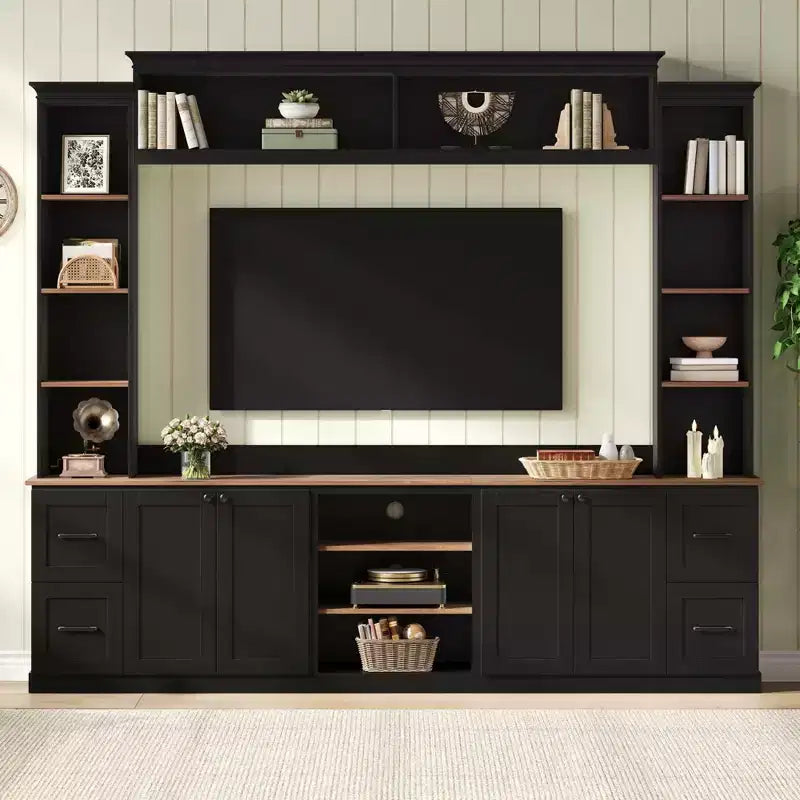 Ensemble mural de centre multimédia de style ferme 4-en-1 ModernLuxe, compatible avec les téléviseurs jusqu'à 70 pouces, meuble TV avec étagères réglables et tiroirs