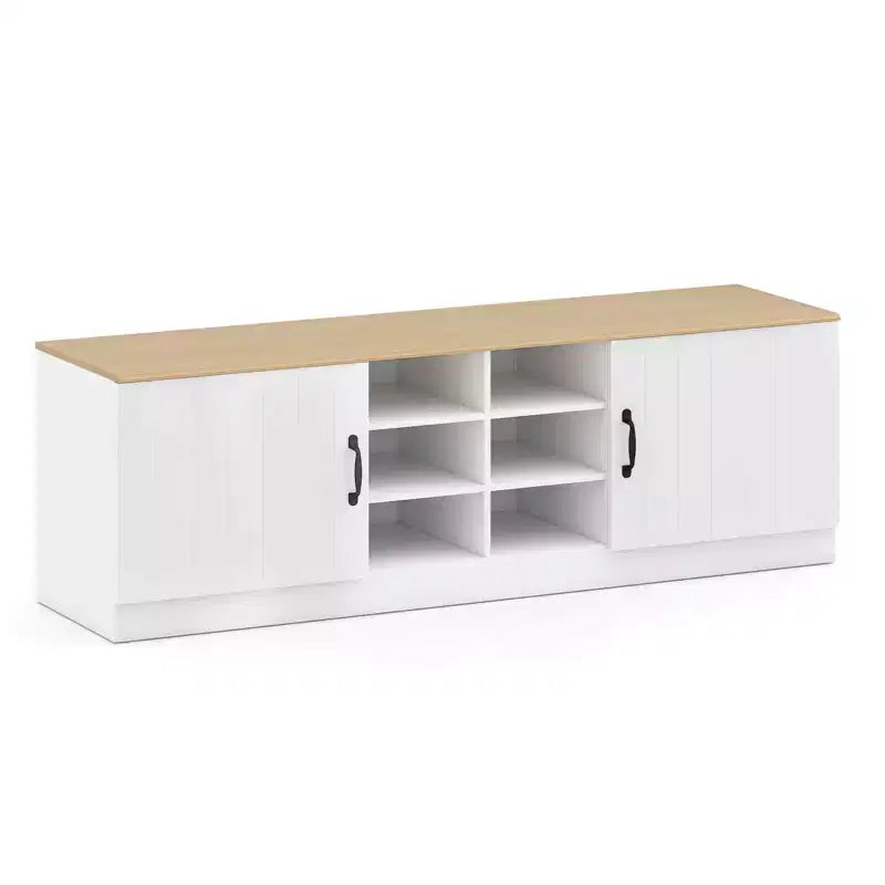 Banc à chaussures à 2 portes avec étagères réglables et espace de rangement dissimulé, naturel + blanc/Whi5te