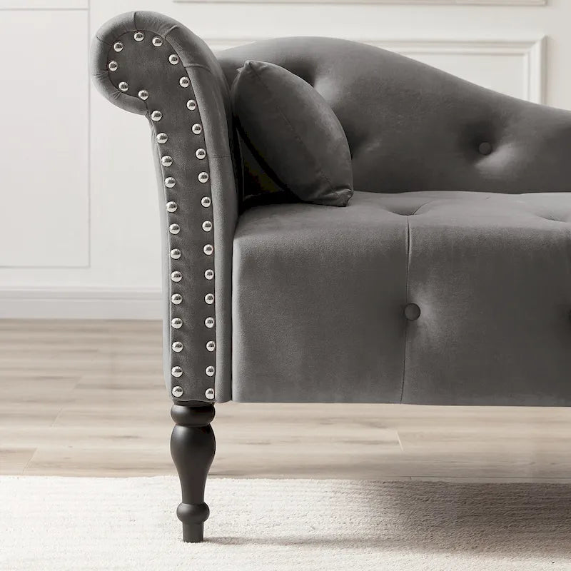 Moderne chaise longue van 60,6 inch met fluwelen bekleding, gecapitonneerde knopen, massief houten poten en sierspijkers