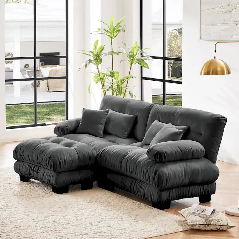 Sofá de dois lugares em forma de L, sofá modular em chenille com almofadas lombares