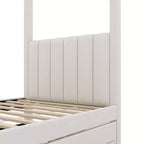 Cama de plataforma com dossel estofada em linho, tamanho de casal, com cama auxiliar e três gavetas de arrumação