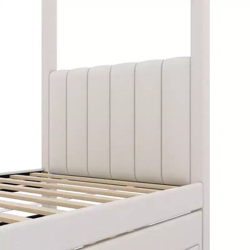 Cama de plataforma com dossel estofada em linho, tamanho de casal, com cama auxiliar e três gavetas de arrumação