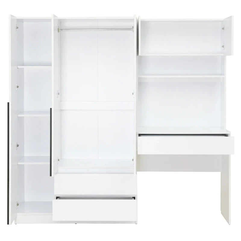 3-in-1-Kleiderschrank mit Schminktisch, Schreibtisch-Set, Schlafzimmerschrank mit 2 Schubladen, 3 Türen und Stauraum