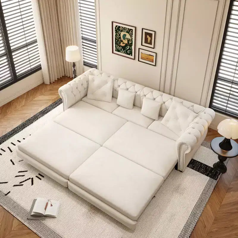 Whisen fluwelen 3-in-1 kingsize slaapbank en converteerbare slaapbank met verplaatsbare hocker, gecapitonneerd ontwerp