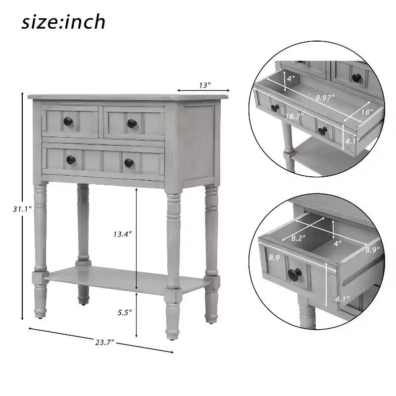Console étroite de 60,2 cm avec 3 tiroirs et étagère, table de canapé pour petit espace, entrée ou salon