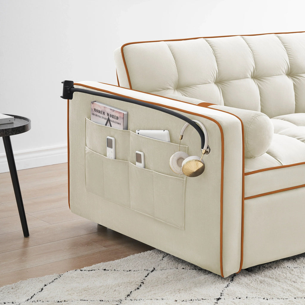 Sofá-Cama Convertível de Veludo para 2 Pessoas, com 55', Cama Extensível, Encosto Reclinável Ajustável, Bolsos Laterais e Suporte para Telemóvel
