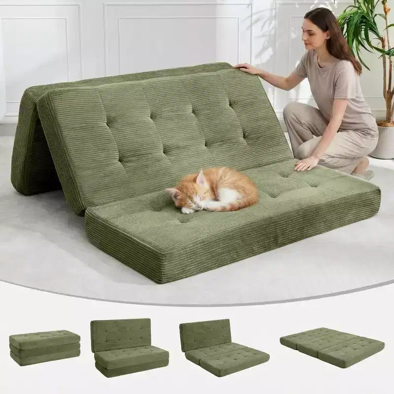 SunnyFurn 15,2 cm dreifach faltbares Matratzen-Sofa-Bett, 190,5 x 138 cm großes faltbares Schaumstoff-Gästebett mit Cordbezug und Knopfsteppung, tragbar für Camping, Wohnzimmer und Schlafzimmer