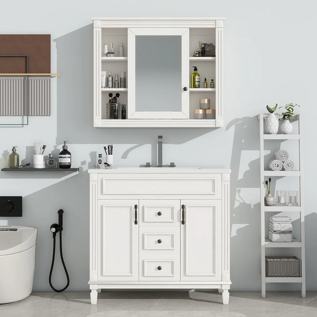 36-Zoll moderner Waschtischunterschrank mit Aufsatzwaschbecken und Spiegelschrank, 2 Türen und 2 Schubladen