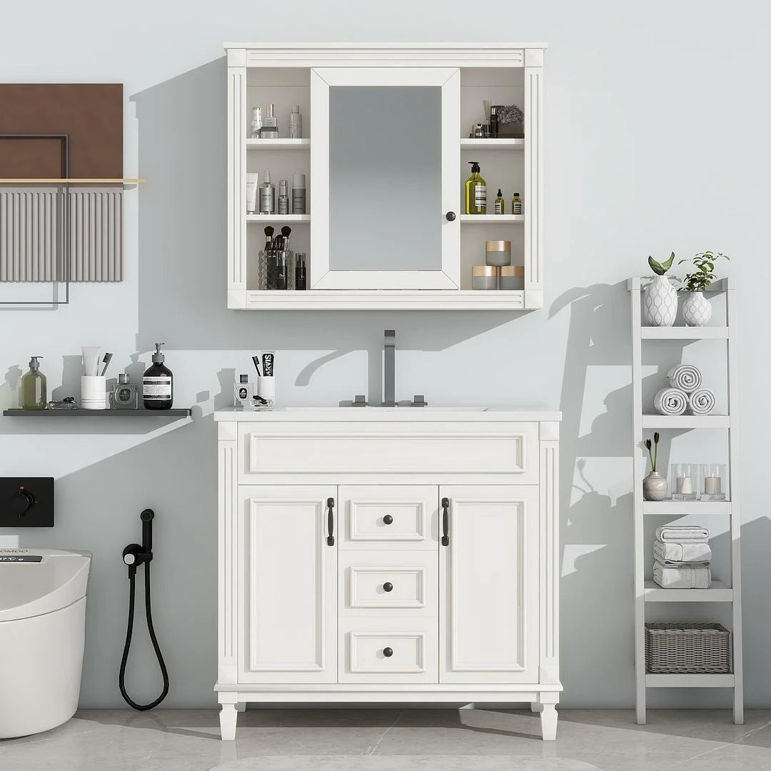 36-Zoll moderner Waschtischunterschrank mit Aufsatzwaschbecken und Spiegelschrank, 2 Türen und 2 Schubladen