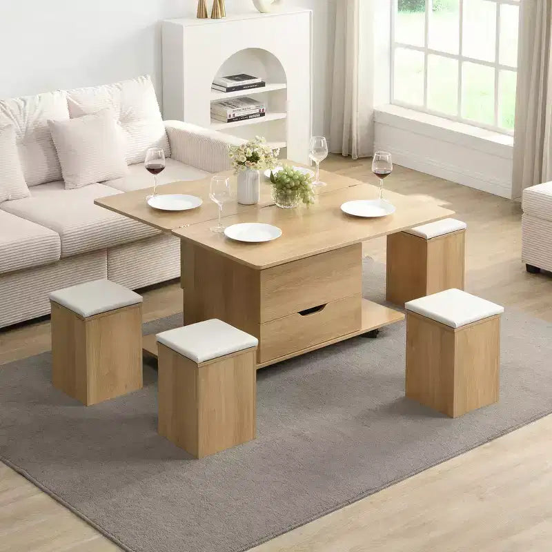 Mesa de centro moderna multifunções com tampo elevável, arrumação oculta, 4 bancos e rodízios, perfeita para espaços de estar modernos