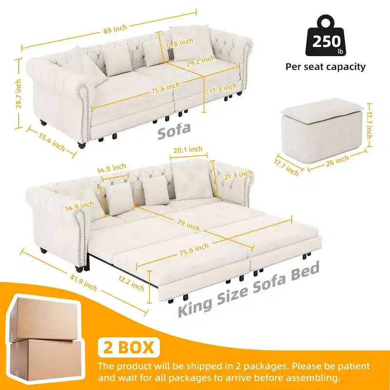 Whisen fluwelen 3-in-1 kingsize slaapbank en converteerbare slaapbank met verplaatsbare hocker, gecapitonneerd ontwerp
