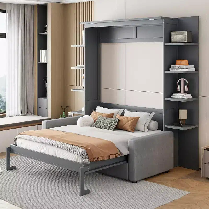 Whisen modernes Murphy-Bett in Queensize mit Holzrahmen, Wandbett mit Sofa und Regalen