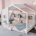 Dětská postel domeček typu Twin/Full, Montessori podlahová postel s úložnou policí – ModernLuxe