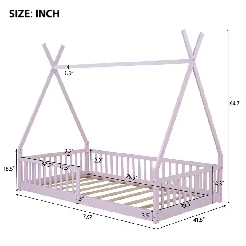 Lit au sol pour enfants, lits-tentes 1 place, lit Montessori au sol avec lattes et barrières, cadre de lit cabane en bois pour garçons et filles