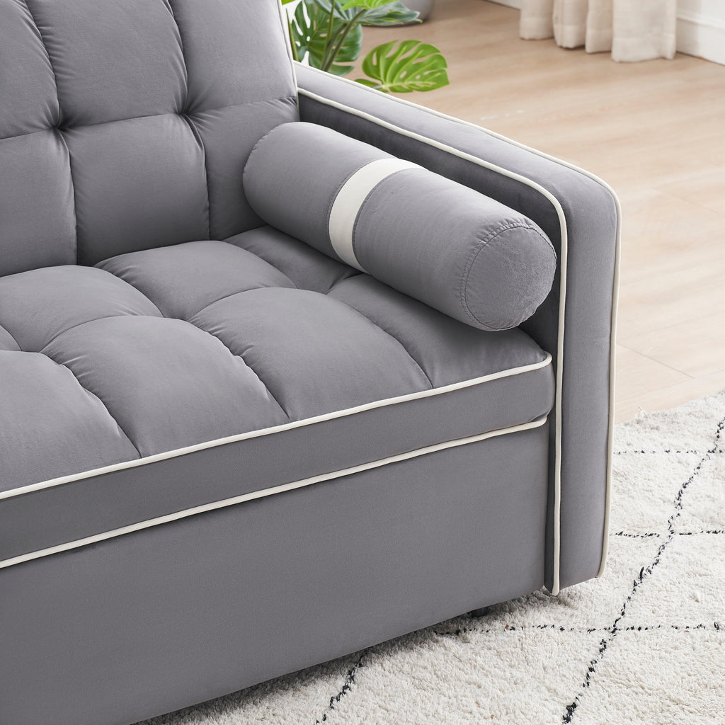 Sofá-Cama Convertível de Veludo para 2 Pessoas, com 55', Cama Extensível, Encosto Reclinável Ajustável, Bolsos Laterais e Suporte para Telemóvel