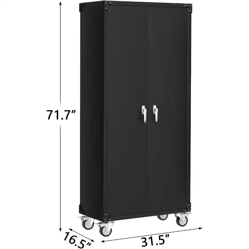 Armoire de rangement de garage à roulettes avec panneau perforé, armoire métallique verrouillable de 72 pouces de hauteur avec 2 portes et 4 étagères réglables pour atelier de garage