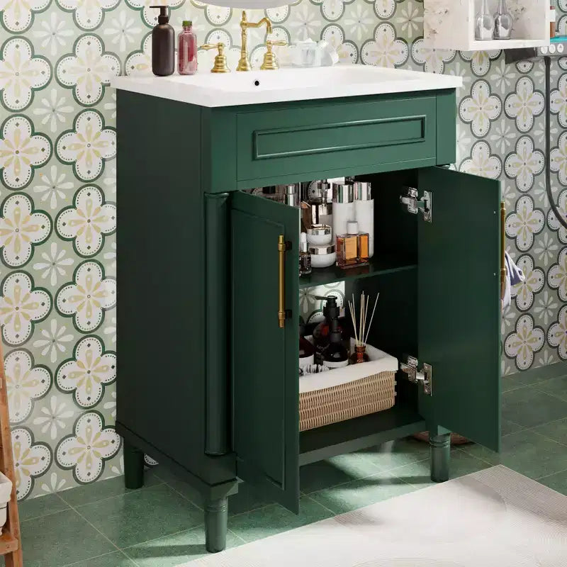 Meuble-lavabo de salle de bains de 24 pouces avec lavabo en céramique, meuble de style Shaker, 2 portes à fermeture amortie et structure en bois massif pour petite salle de bains ou cabinet de toilette