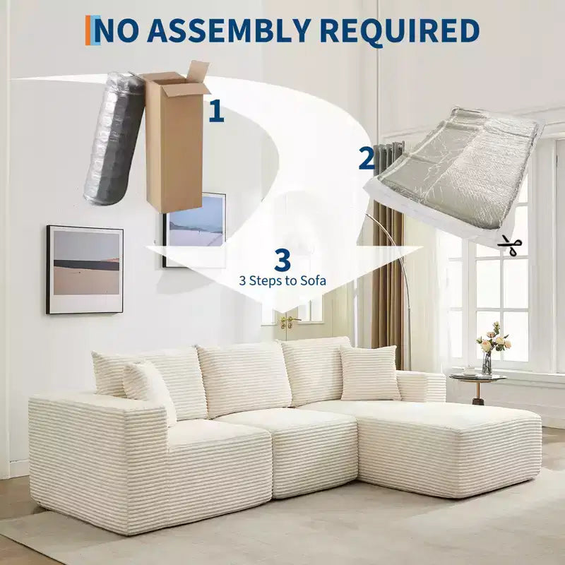 108 modernes Sofa, 3-Sitzer-Sofa in L-Form mit Polsterbezug und Kissen, Sofa mit tiefer Sitzfläche, keine Montage erforderlich